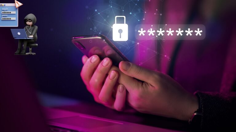 Hand holding a smartphone with a glowing padlock and masked password symbols, illustrating how passwords get stolen and how to protect them.
