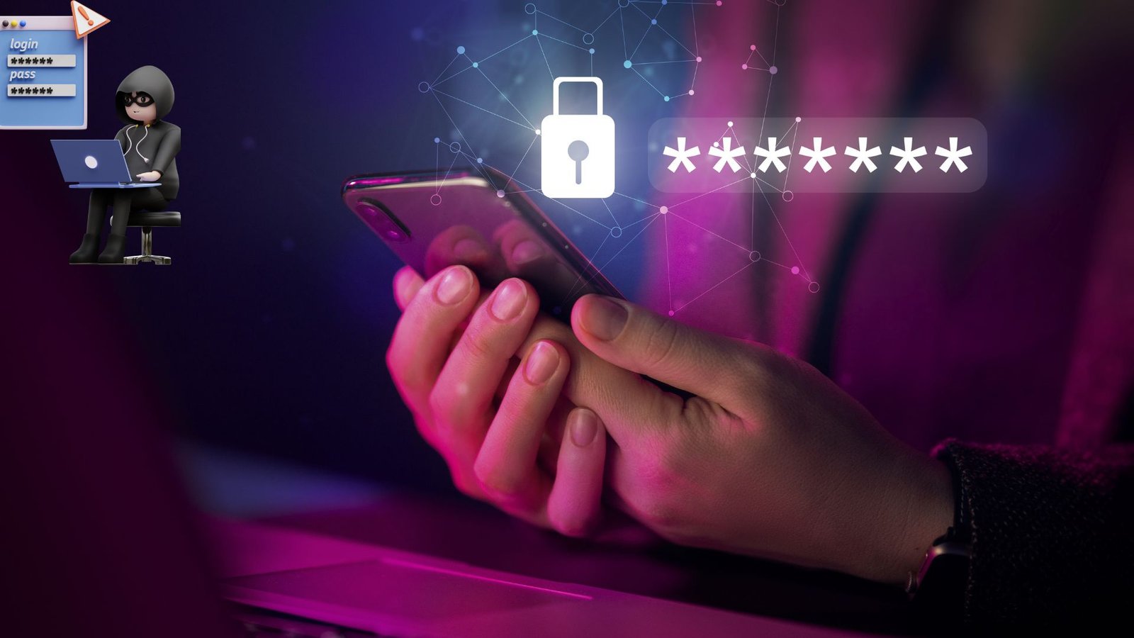 Hand holding a smartphone with a glowing padlock and masked password symbols, illustrating how passwords get stolen and how to protect them.