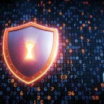 A glowing shield with a keyhole over streams of code, representing what a firewall actually does to control network access.
