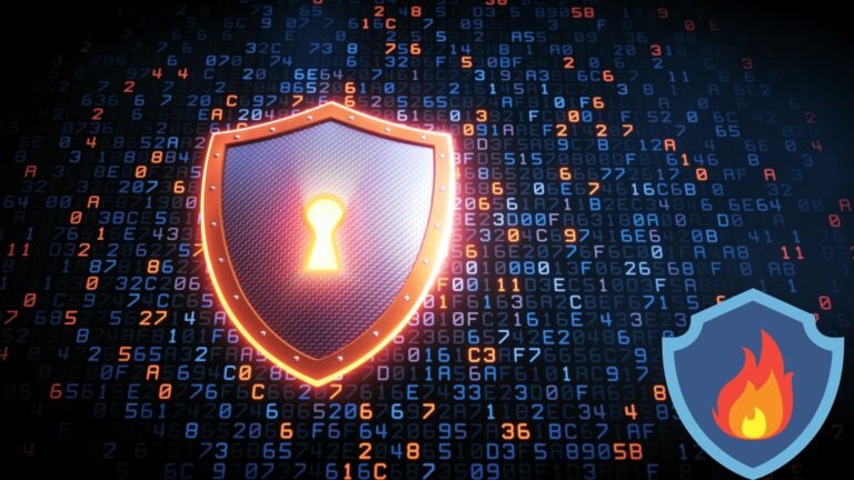 A glowing shield with a keyhole over streams of code, representing what a firewall actually does to control network access.