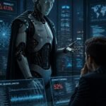 Humanoid AI agents in a corporate control room with dashboards showing behavior analysis and alignment confidence scores, illustrating the security risks of autonomous AI agents.