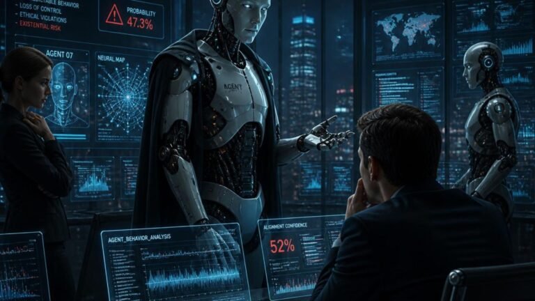 Humanoid AI agents in a corporate control room with dashboards showing behavior analysis and alignment confidence scores, illustrating the security risks of autonomous AI agents.