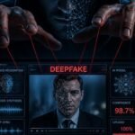 Deepfake creation dashboard showing a face being digitally reconstructed with face recognition, voice synthesis, and lip-sync tools, illustrating how deepfake attacks are built.