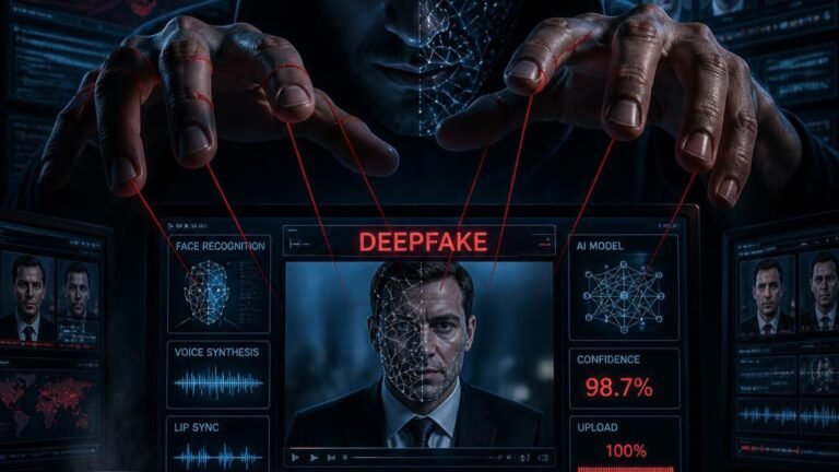 Deepfake creation dashboard showing a face being digitally reconstructed with face recognition, voice synthesis, and lip-sync tools, illustrating how deepfake attacks are built.