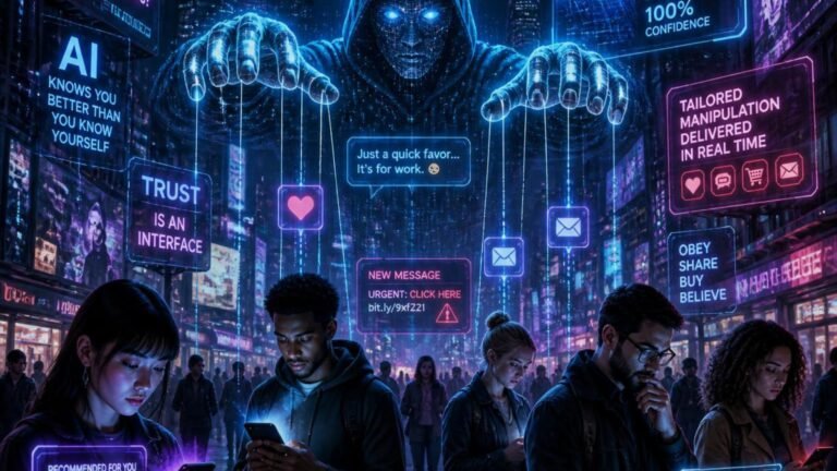 A hooded figure as a puppet-master pulling strings over people absorbed in their phones, surrounded by manipulative messages, illustrating how social engineering manipulates human trust.