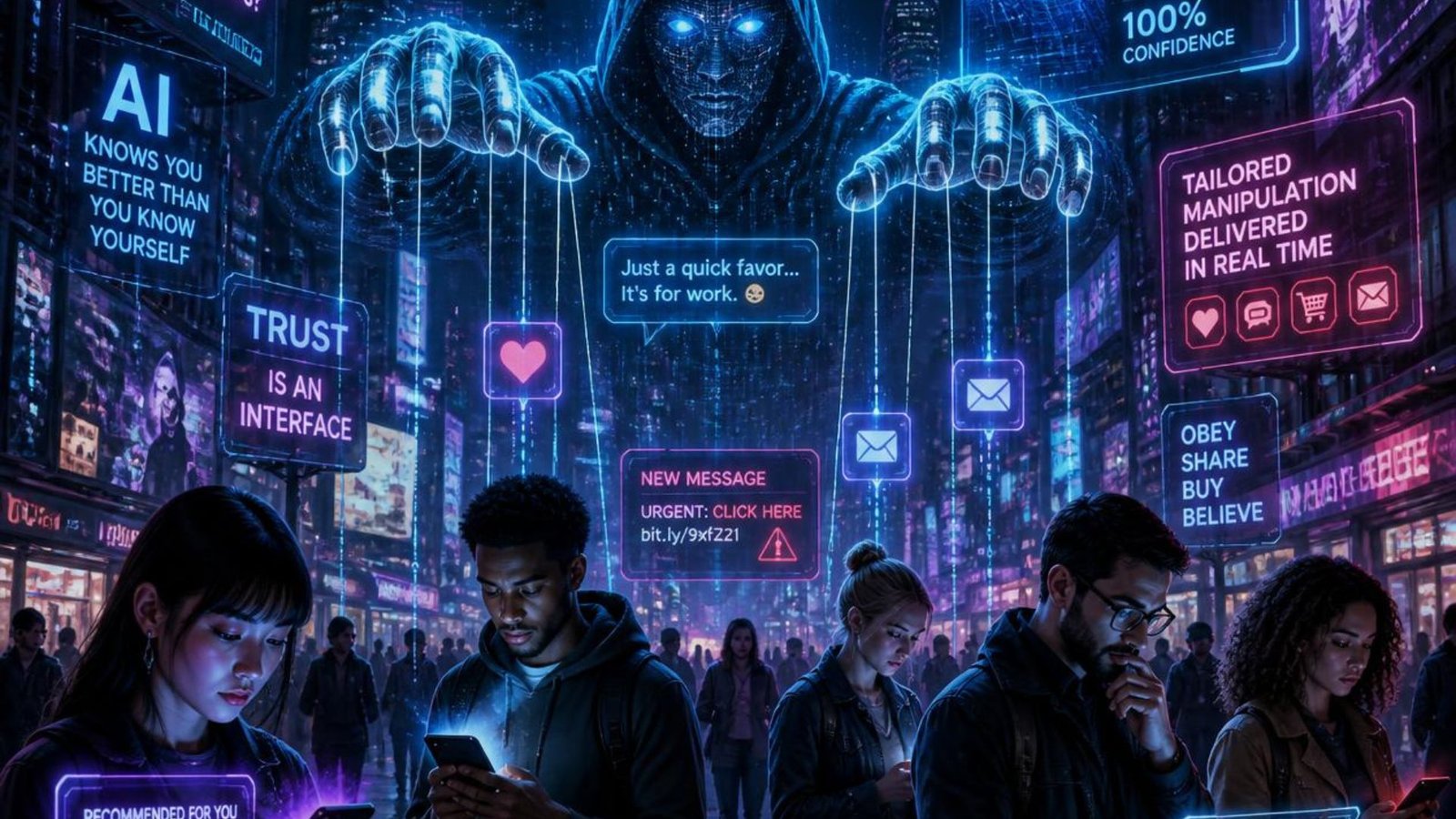 A hooded figure as a puppet-master pulling strings over people absorbed in their phones, surrounded by manipulative messages, illustrating how social engineering manipulates human trust.